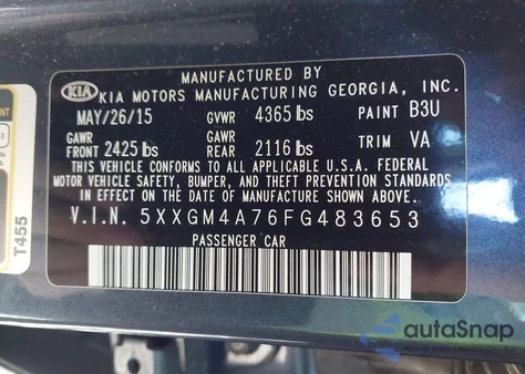 2015 Kia Optima Lx from USA, damaged, VIN 5XXGM4A76FG483653